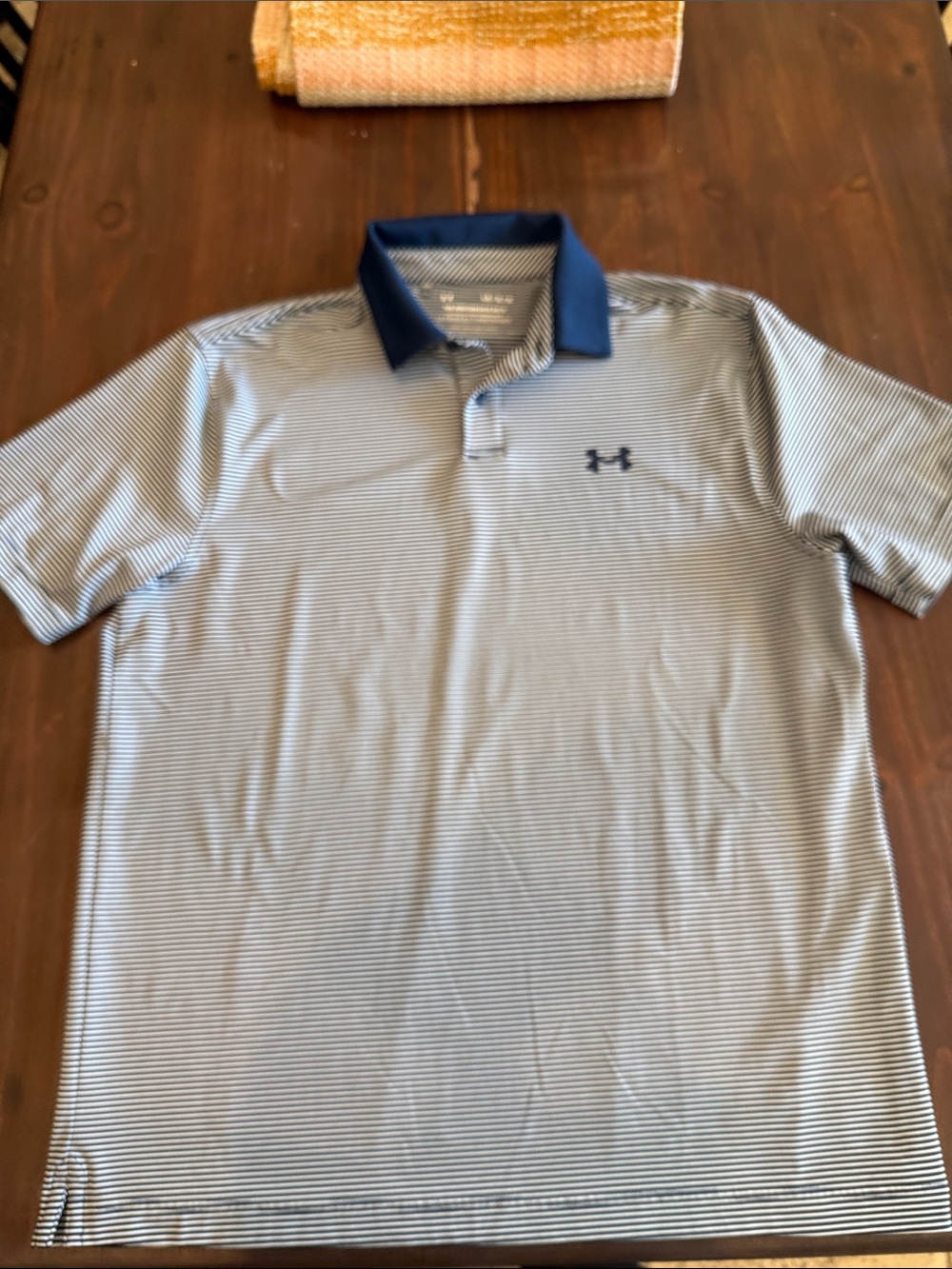 Under Armour Navy and White Micro-Striped Polo with Navy Collar